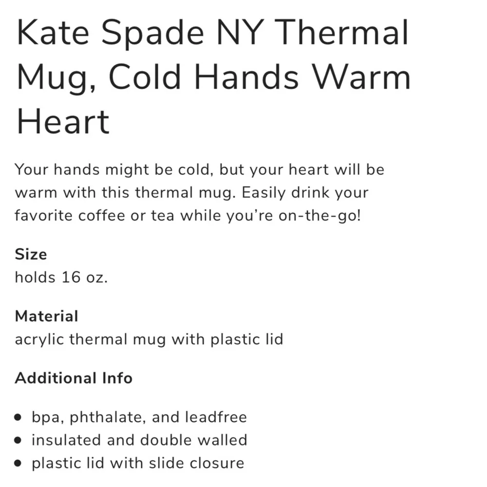 Kate Spade Cold Hands Warm Hearts Thermal Mug